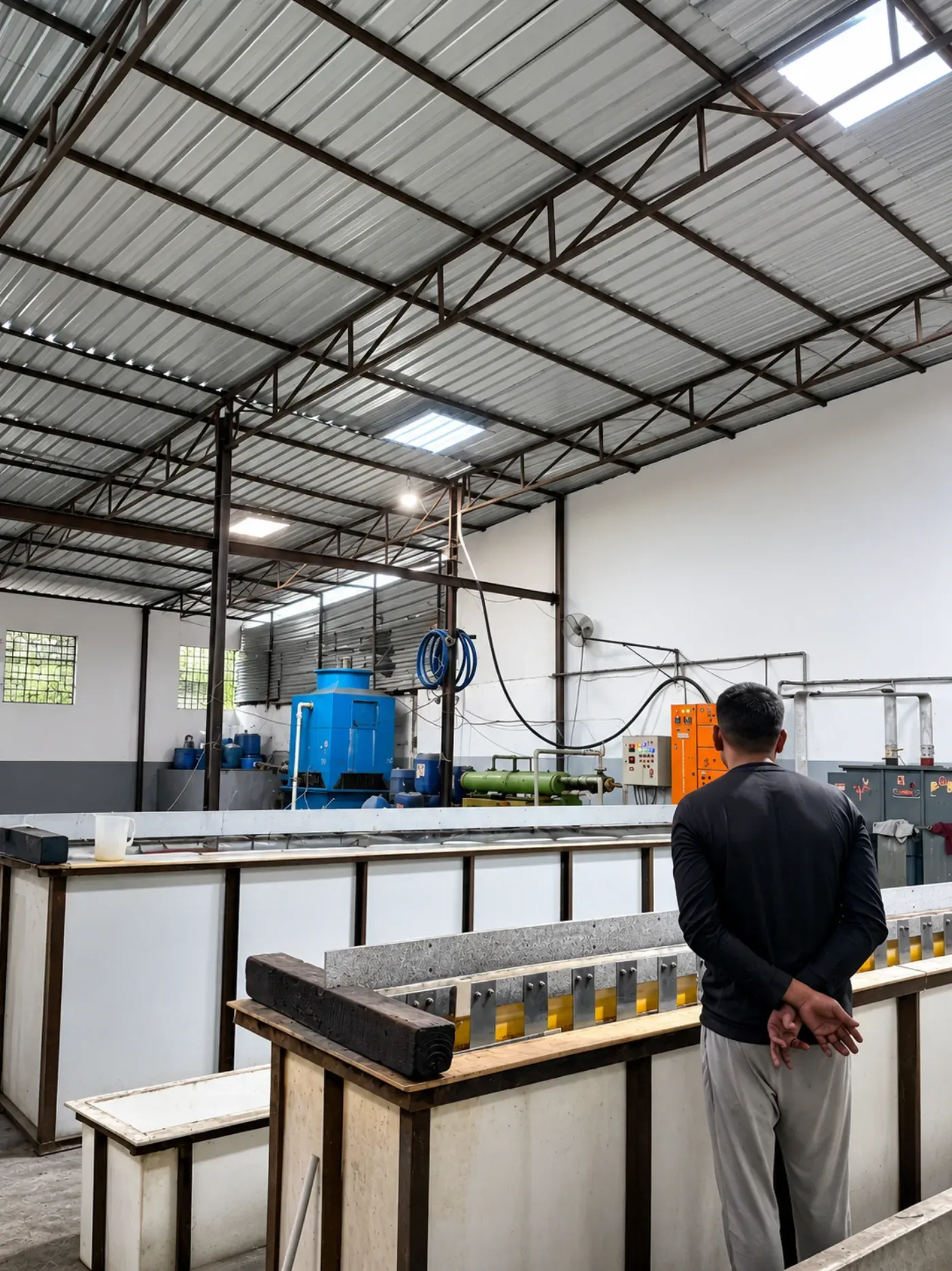 Industrial aluminium anodizing facility with process tanks and work area