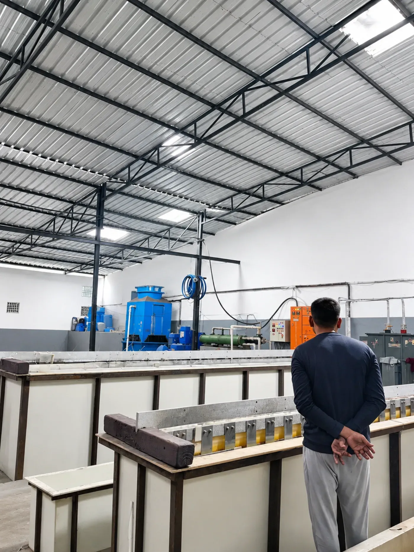 Aluminium anodizing workshop with treatment tanks and process equipment